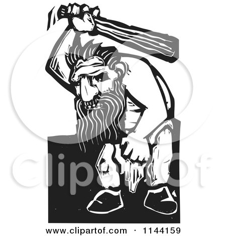 Clipart of a Black and White Angry Troll with a Club Woodcut - Royalty Free Vector Illustration by xunantunich