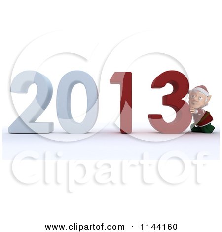 Clipart of a 3d Christmas Elf Pushing New Year 2013 Numbers Together - Royalty Free CGI Illustration by KJ Pargeter