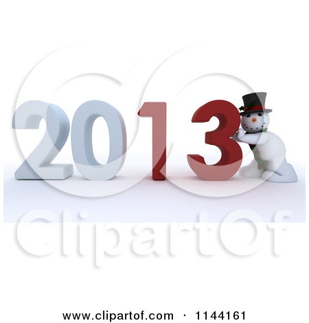 Clipart of a 3d Snowman Pushing New Year 2013 Numbers Together - Royalty Free CGI Illustration by KJ Pargeter