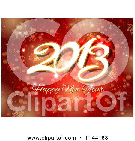 Clipart of a Happy New Year 2013 Greeting over Red Snowflakes and Bokeh Lights - Royalty Free Vector Illustration by KJ Pargeter