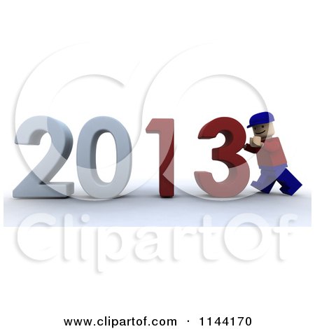 Clipart of a 3d Toy Man Pushing New Year 2013 Numbers Together - Royalty Free CGI Illustration by KJ Pargeter