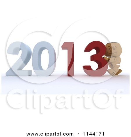 Clipart of a 3d Box Boy Pushing New Year 2013 Numbers Together - Royalty Free CGI Illustration by KJ Pargeter