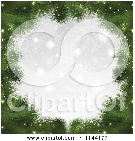 Clipart of a Christmas Fir Tree Branch Frame with Bokeh Lights and Silver Snowflakes - Royalty Free Vector Illustration by KJ Pargeter