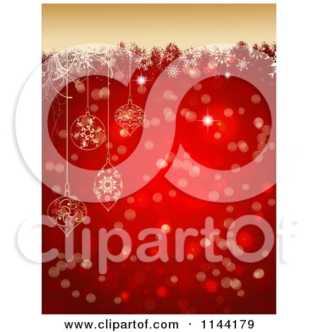 Clipart of a Red Bokeh and Snowflake Christmas Background with Tan Grunge and Baubles - Royalty Free Vector Illustration by KJ Pargeter
