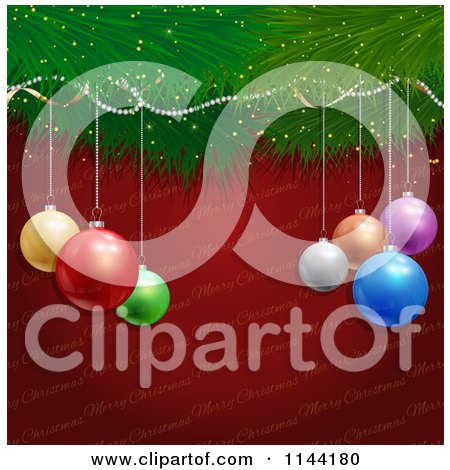 Clipart of 3d Colorful Baubles and a Tree Branch over Red Christmas Text - Royalty Free Vector Illustration by KJ Pargeter