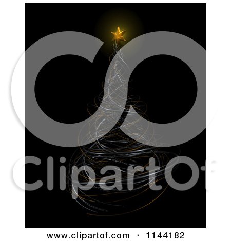 Clipart of a 3d Gold and Silver Wire Christmas Tree with a Glowing Gold Star on Black - Royalty Free CGI Illustration by KJ Pargeter