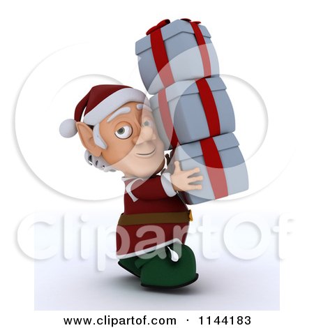 Clipart of a 3d Christmas Elf Carrying a Stack of Presents - Royalty Free CGI Illustration by KJ Pargeter