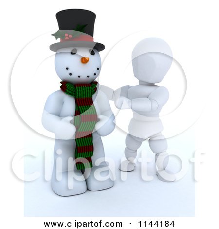 Clipart of a 3d White Character Presenting a Snowman with a Top Hat and Scarf - Royalty Free CGI Illustration by KJ Pargeter