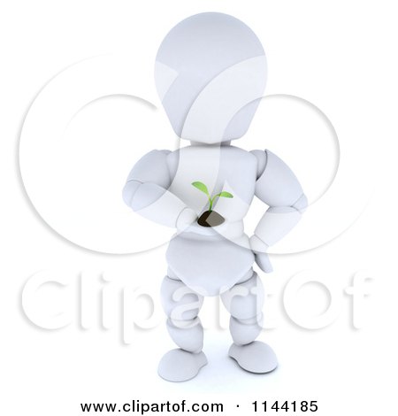 Clipart of a 3d White Character Holding a Seedling Plant - Royalty Free CGI Illustration by KJ Pargeter