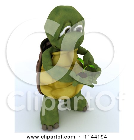 Clipart of a 3d Tortoise Holding a Seedling Plant - Royalty Free CGI Illustration by KJ Pargeter