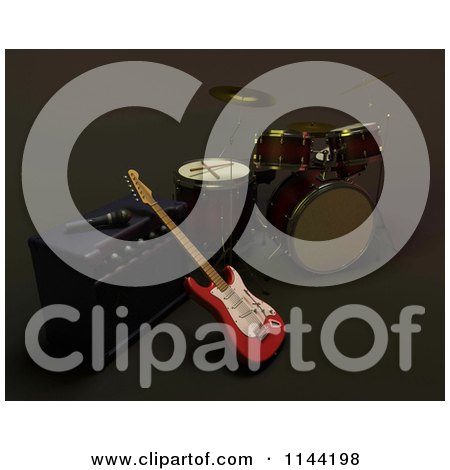Clipart of a 3d Electric Fender Guitar Leaning on an Amplifier near a Set of Drums - Royalty Free CGI Illustration by KJ Pargeter