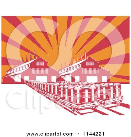 Clipart of a Retro Oil Factory Plant Building Against Rays - Royalty Free Vector Illustration by patrimonio