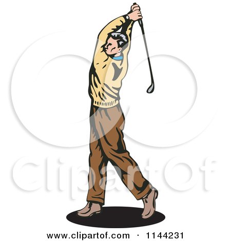 Clipart of a Retro Golfing Man Swinging 2 - Royalty Free Vector Illustration by patrimonio
