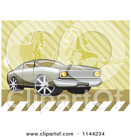 Clipart of a Retro Ford Fairmont Muscle Car over Horses - Royalty Free Vector Illustration by patrimonio