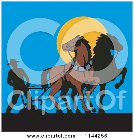 Clipart of a Silhouetted Farmer and Horses Ploughing - Royalty Free Vector Illustration by patrimonio