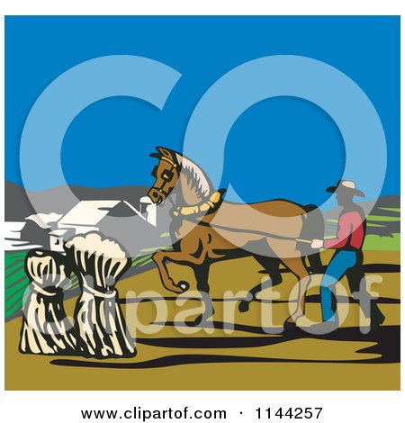 Clipart of a Retro Farmer and Horse Harvesting Hay - Royalty Free Vector Illustration by patrimonio