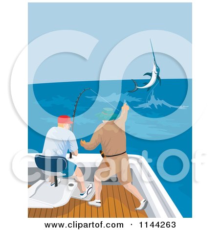 Clipart of Game Fishers Catching a Marlin from a Boat 2 - Royalty Free Vector Illustration by patrimonio