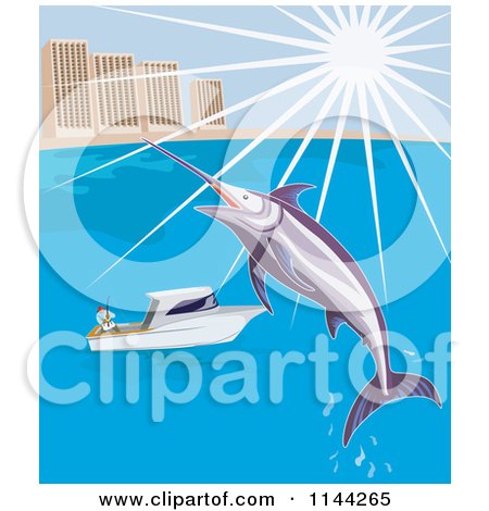 Clipart of a Leaping Marlin Fish over a Boat by a City - Royalty Free Vector Illustration by patrimonio