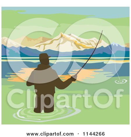 Clipart of a Wading Fisherman on a Lake - Royalty Free Vector Illustration by patrimonio
