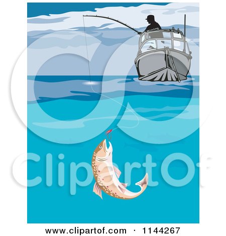 Clipart of a Fish Biting a Lure Under a Boat - Royalty Free Vector Illustration by patrimonio