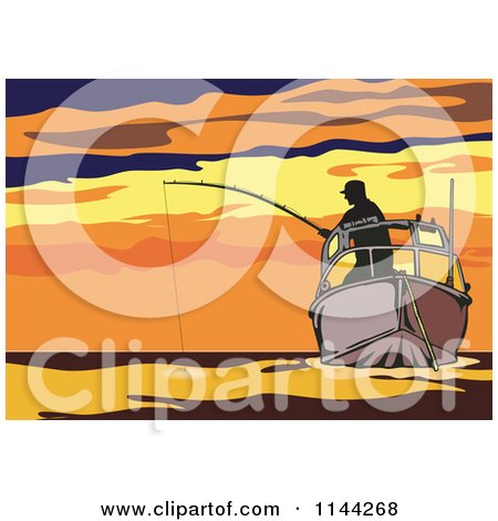 Clipart of a Silhouetted Fisherman on a Boat Against an Orange Sunset - Royalty Free Vector Illustration by patrimonio