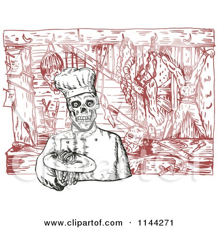 Clipart of a Sketched Chef Skeleton with Dead Bodies - Royalty Free Vector Illustration by patrimonio