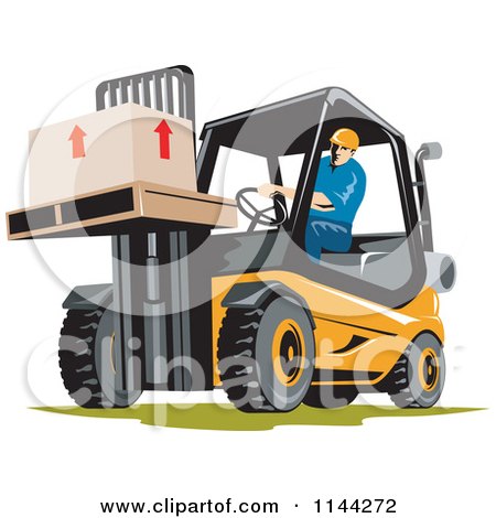 Clipart of a Retro Forklift Operator Moving Boxes - Royalty Free Vector Illustration by patrimonio