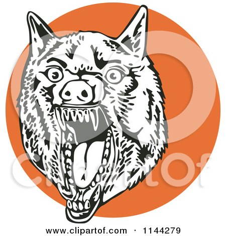 Clipart of a Retro Mad Wolf on an Orange Circle - Royalty Free Vector Illustration by patrimonio