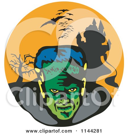 Clipart of a Retro Frankenstein Bats and Haunted Mansion - Royalty Free Vector Illustration by patrimonio