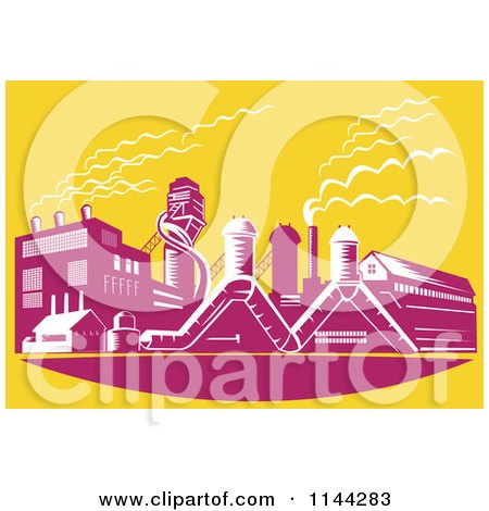 Clipart of a Retro Factory Plant Building over Yellow - Royalty Free Vector Illustration by patrimonio