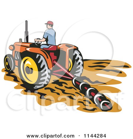Clipart of a Retro Farmer Tilling a Field with a Tractor - Royalty Free Vector Illustration by patrimonio