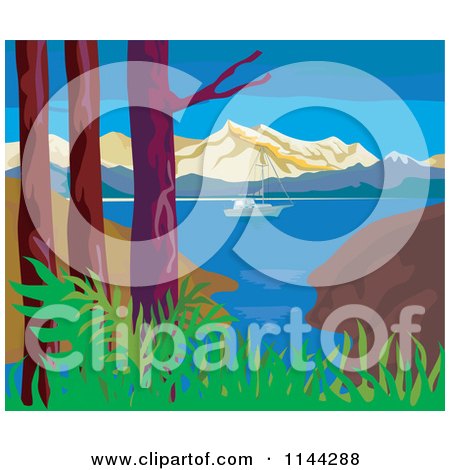 Clipart of a View of a Sailboat in a Cove - Royalty Free Vector Illustration by patrimonio