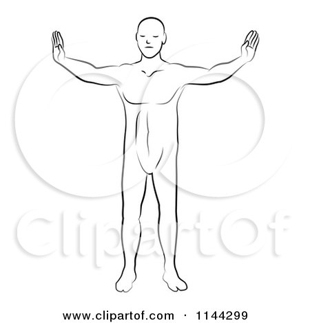 Clipart of a Black and White Line Drawing of a Man Doing Yoga 1 - Royalty Free Vector Illustration by Frisko