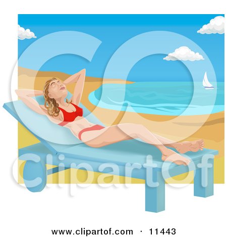 Woman in a Red Bikini on a Chaise Lounge on a Beach Clipart Illustration by AtStockIllustration