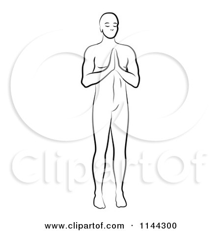 Clipart of a Black and White Line Drawing of a Man Doing Yoga 2 - Royalty Free Vector Illustration by Frisko
