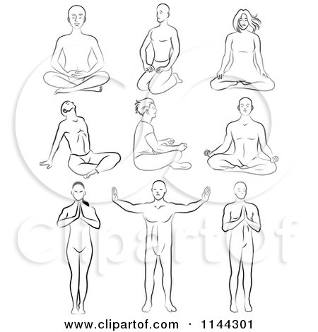 Clipart of Black and White Line Drawings of Men and Women Meditating and Doing Yoga - Royalty Free Vector Illustration by Frisko