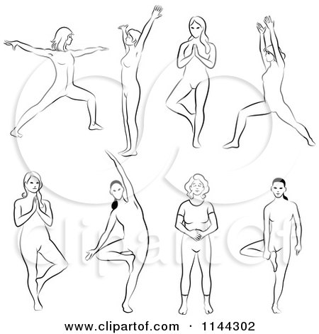 Clipart of Black and White Line Drawings of Women Meditating and Doing Yoga - Royalty Free Vector Illustration by Frisko