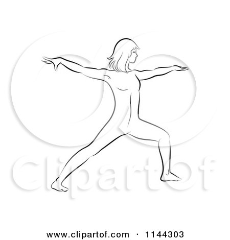 Clipart of a Black and White Line Drawing of a Woman Doing Yoga 7 - Royalty Free Vector Illustration by Frisko