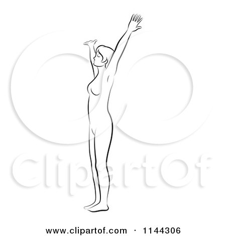 Clipart of a Black and White Line Drawing of a Woman Doing Yoga 10 - Royalty Free Vector Illustration by Frisko