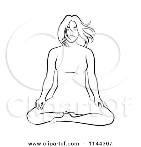 Clipart of a Black and White Line Drawing of a Woman Doing Yoga 1 - Royalty Free Vector Illustration by Frisko