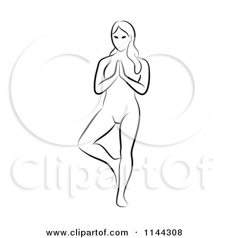 Clipart of a Black and White Line Drawing of a Woman Doing Yoga 6 - Royalty Free Vector Illustration by Frisko
