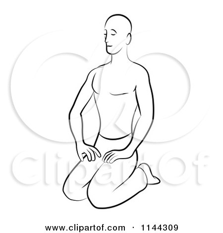Clipart of a Black and White Line Drawing of a Man Doing Yoga 4 - Royalty Free Vector Illustration by Frisko