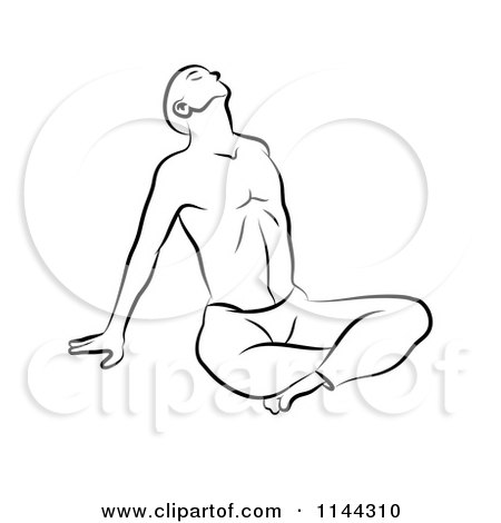Clipart of a Black and White Line Drawing of a Man Doing Yoga 3 - Royalty Free Vector Illustration by Frisko