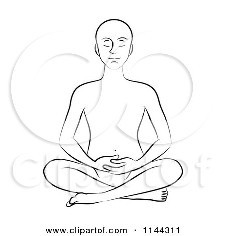 Clipart of a Black and White Line Drawing of a Man Meditating with His Hands in His Lap - Royalty Free Vector Illustration by Frisko