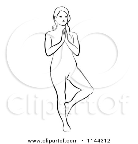 Clipart of a Black and White Line Drawing of a Woman Doing Yoga 2 - Royalty Free Vector Illustration by Frisko