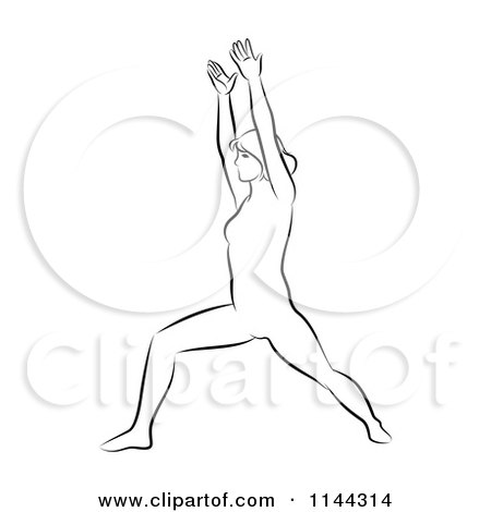 Clipart of a Black and White Line Drawing of a Woman Doing Yoga 5 - Royalty Free Vector Illustration by Frisko