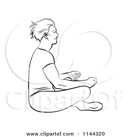 Clipart of a Black and White Line Drawing of a Man Meditating in the Lotus Pose 2 - Royalty Free Vector Illustration by Frisko