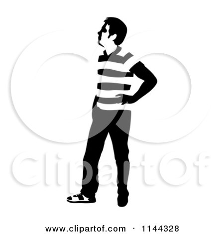 Clipart of a Black and White Young Man Standing and Waiting 2 - Royalty Free Vector Illustration by Frisko