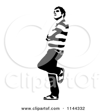 Clipart of a Black and White Young Man Waiting and Leaning - Royalty Free Vector Illustration by Frisko