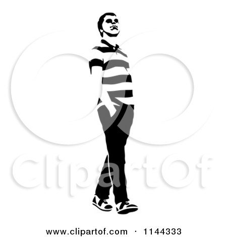 Clipart of a Black and White Young Man Walking and Looking 1 - Royalty Free Vector Illustration by Frisko